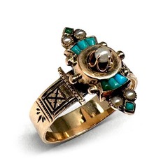 Antique VICTORIAN 10K GOLD TURQUOISE PEARL Eastlake Style Ring c1890 Size 7.5!