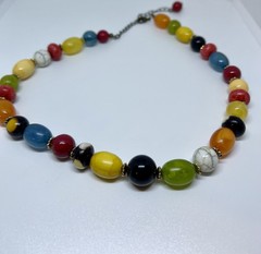 Vintage 70s Colorful Green Red Blue Black Yellow Beaded White Multi Aprox. 16”