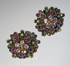 Vintage LaVintage Antiqued Gold Brass Purple Crystals Flowers Earrings Pierced