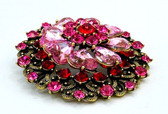 Gold Tone Pink Heart Shape Rhinestones & Red Rhinestones Brooch