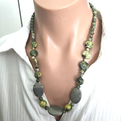 Vintage Gray Jasper Green Serpentine Stone Beads Hand Crafted Necklace 20″L