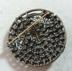 Vintage Black Enamel Rhinestone Filigree Floral Round Brooch Pin Cm 39