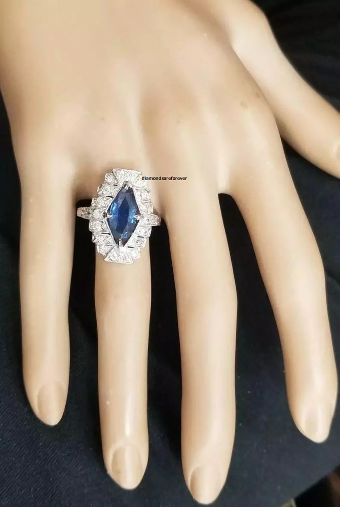 Mid-Century Marquise Shape Blue 2.00CT Sapphire & Old Cut 1.16CT CZ Vintage Ring