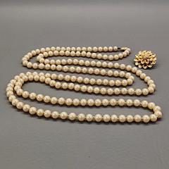 Faux Pearl Necklace Vtg Peach Beaded 8mm Knotted Dubarry Flower Clip 55″