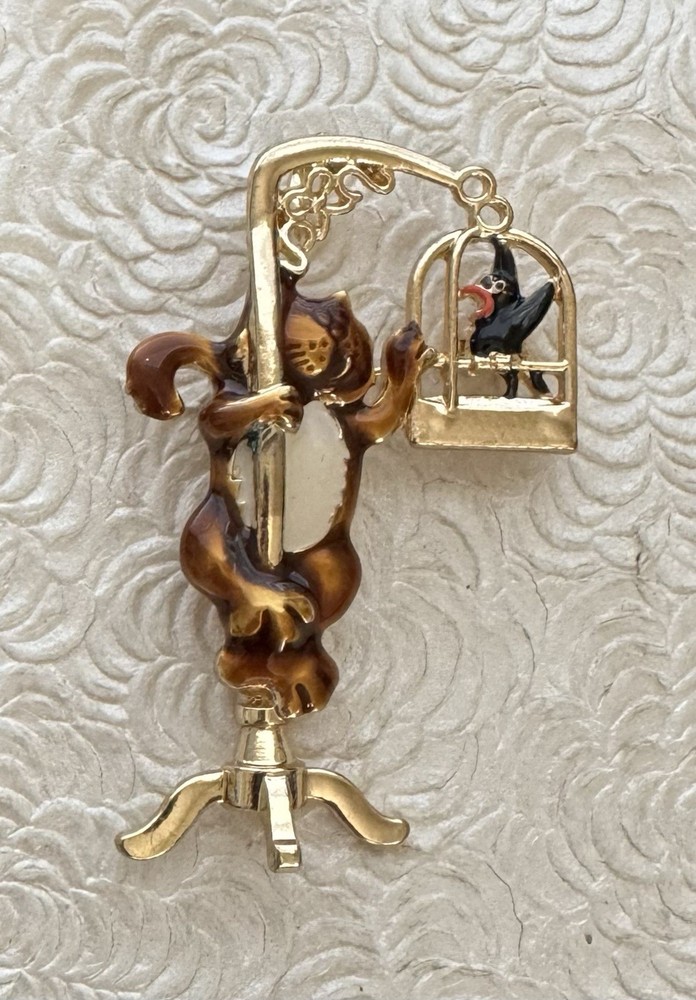 Vintage Style Cat & d Bird In Cage brooch / pendant