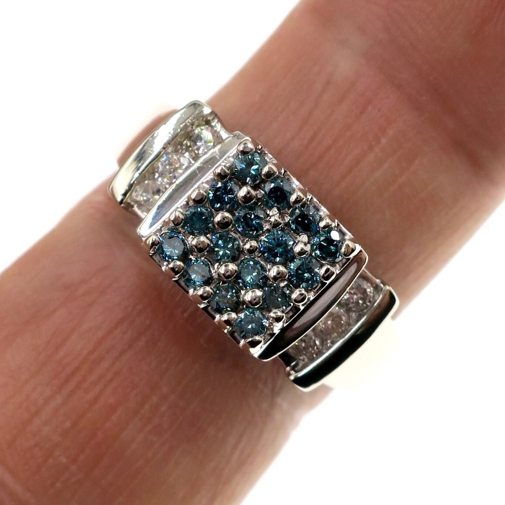 14k Solid White Gold 3/4ct Genuine Blue and White Diamond Ring Size 9.25