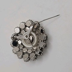 Vtg Rhinestone Large Faux Pearl Brooch Silver Tone Circular Pin Prong Set Stones