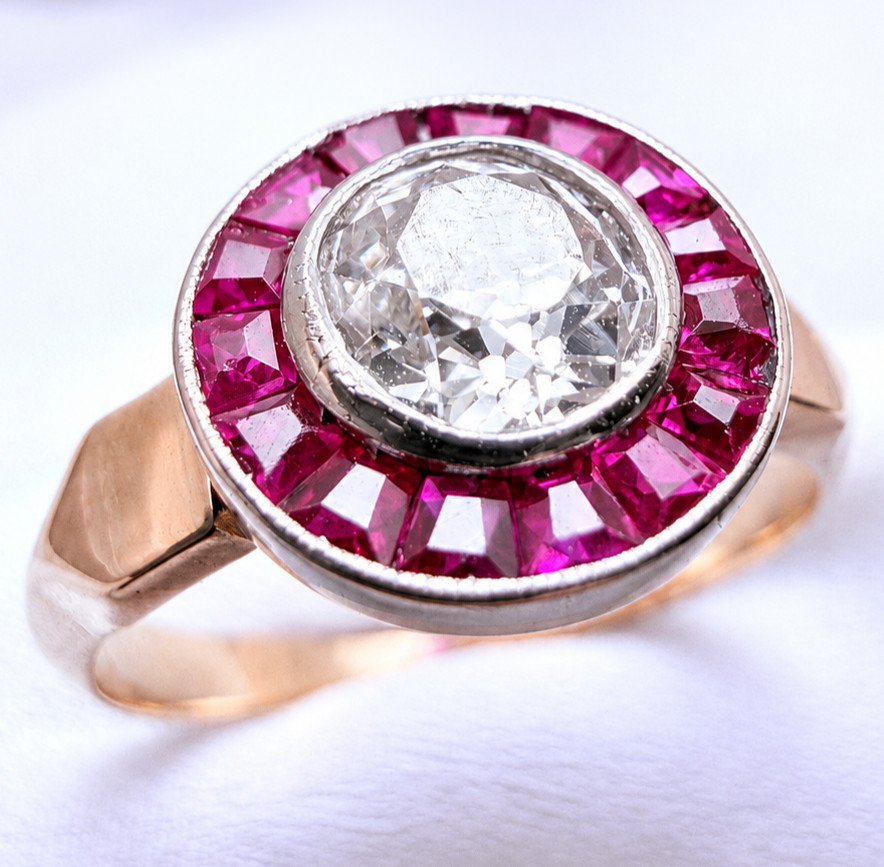 Vintage 18ct Gold Diamond & Ruby Cocktail Ring 0.60ct Natural Old Cut Size 6.75