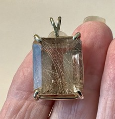 Gold Rutilated Quartz Penant Faceted Emerald Cut Four Prong Setting