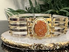 Vintage Large Prong Faux Fire Opal Bracelet Gold Silver Tone Wide Panel Links