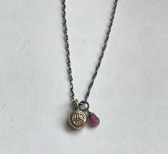 Sterling Silver Tiny Peace Sign Pendant Necklace with Pink Gemstone Dangle 18”