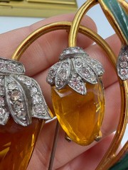 Vintage Brooch Estate Flower Lantern Simulated Citrine Rare Large Unsigned LX