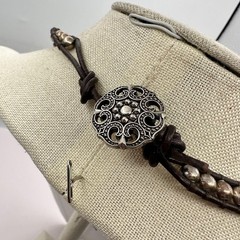 Vintage 90s Choker Necklace Silver Tone Ball Bead Brown Leather Boho Jewelry Y2K