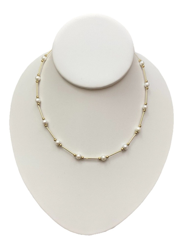 Vintage Peter Bram? 17″ 14K Gold Tube Bead & 5mm Pearl 10K Chain Necklace 5.7g