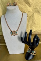 Vintage Oleg Cassini 3 Piece 24K Gold Plated & Blue Crystal Set w/ Original Box