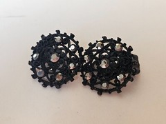 Vintage Japanned Black Filigree Iridescent Rhinestones Button Stud Clip Earrings