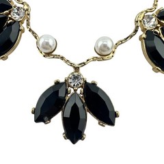 Glamorous Black Rhinestone Faux Pearl Gold Tone Elegant Statement 20″ Necklace