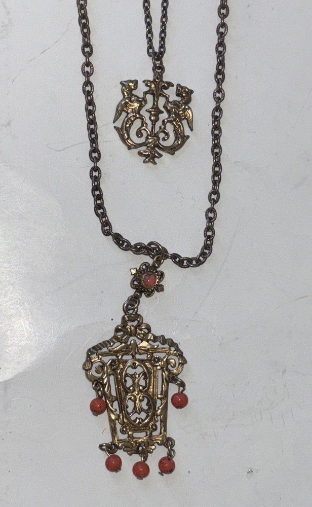 Vintage Victorian Revival Griffin Pendant Dbl Necklace Gothic Heraldic Gold Tone