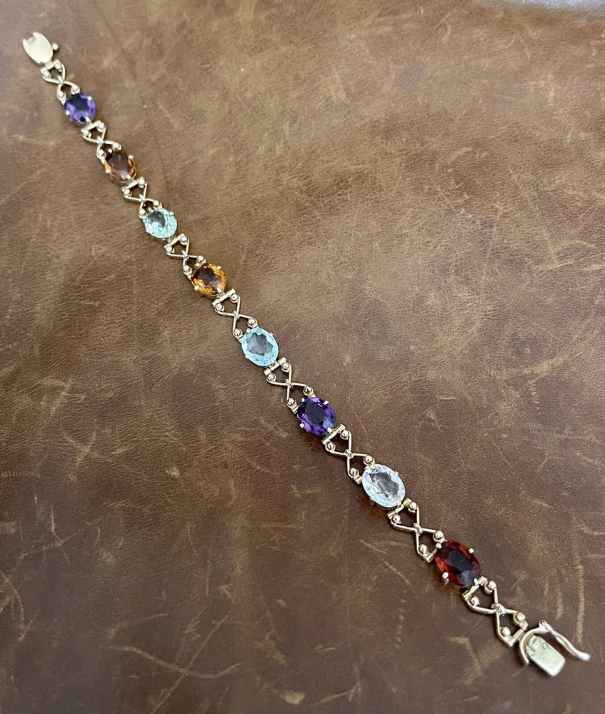 Vintage C.1950s 14Kt Rose Gold Natural Oval Multi-Gemstones Link Bracelet 7.5”in