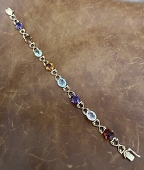 Vintage C.1950s 14Kt Rose Gold Natural Oval Multi-Gemstones Link Bracelet 7.5”in