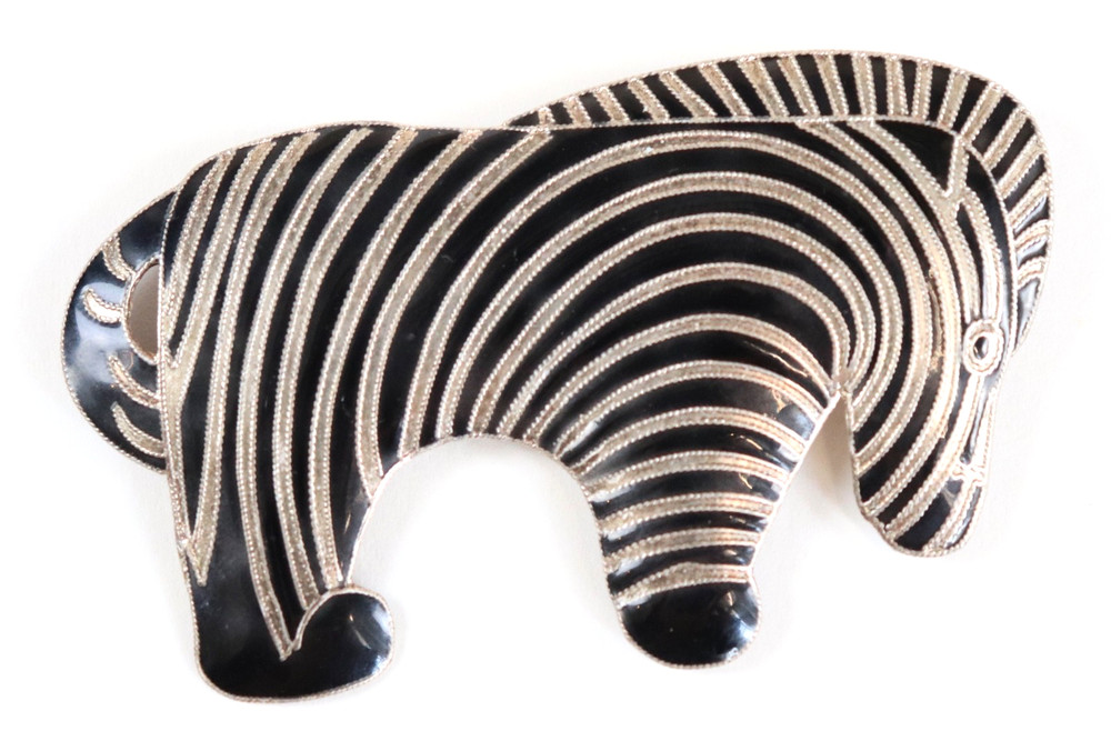 VTG Sterling Silver S 925 Zebra Pin Brooch Black Cloisonné Enamel Animal Africa
