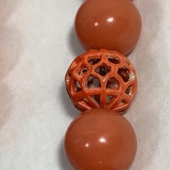 VINTAGE Orange Acrylic Metal Filigree Bead Necklace Gold Tone Box Clasp 18″