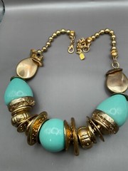 Necklace Turquoise Color Metal Beads Discs Chunky 80s Choker Necklace Signed