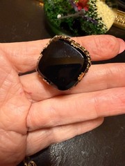 Vintage West Germany Cocktail Ring Black Glass Runway Gold Tone Oversized