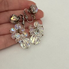 Vintage AB Crystal Glam Cha Cha Beaded Clip On Dangle Drop Earrings