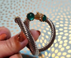 NOS! Cable Classic Style Twotone Earrings Rhinestones & Green cabochon Glass