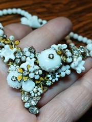 Vintage Early Signed Laguna 2-Strand Wired Center Wht Glass Rhinestone Necklace