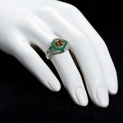 Fancy Vivid Orange Yellow Citrine, French Cut Emerald & White CZ Art Deco Ring