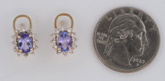 14K Yellow Gold Oval Tanzanite & Diamond Omega back Earrings, 3.3 grams