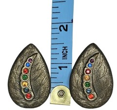 Antique Art Deco Bejeweled Metal Leaf Clip On Earrings | Appr 1.5″L & .75″W