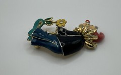 Colorful Enamel Clown Jester Flower on Shoe Brooch Pin VTG Retro Red Ball Nose