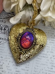 Gold Heart Locket Photo Fire Opal Dragon Birthday Anniversary Wedding Necklace