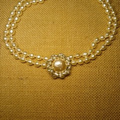 RARE Vtg Miriam Haskell Necklace Double Strand Faux Pearl Gold Tone Statement
