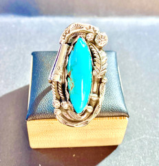 Vintage Sterling Native American 8×24 mm Turquoise Navette Ring Size 5.5 5 1/2