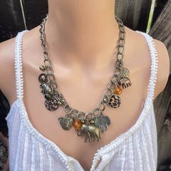 Vtg Elephant Bronze Tone Lion Charm Chunky Link Safari Statement Necklace 22″