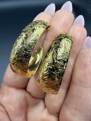 Vintage Large Thick Who Like Golden Flower Etched Earrings