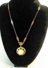 Mother Of Pearl Pendant Necklace Gold Tone Adjustable Length Signed 1928 Brand