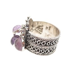 925 Sterling Silver Vintage Mexico Real Amethyst Dangle Charms Ring Size 8.25