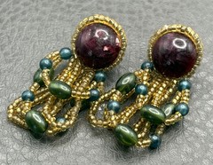 VTG 70s – 80s Beaded Boho Dangle Pierced Earrings Chandelier Purple Gold Green