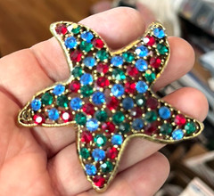 Vintage WEISS signed Red, Green, Blue Colored Starfish Crystal Rhinestone Brooch