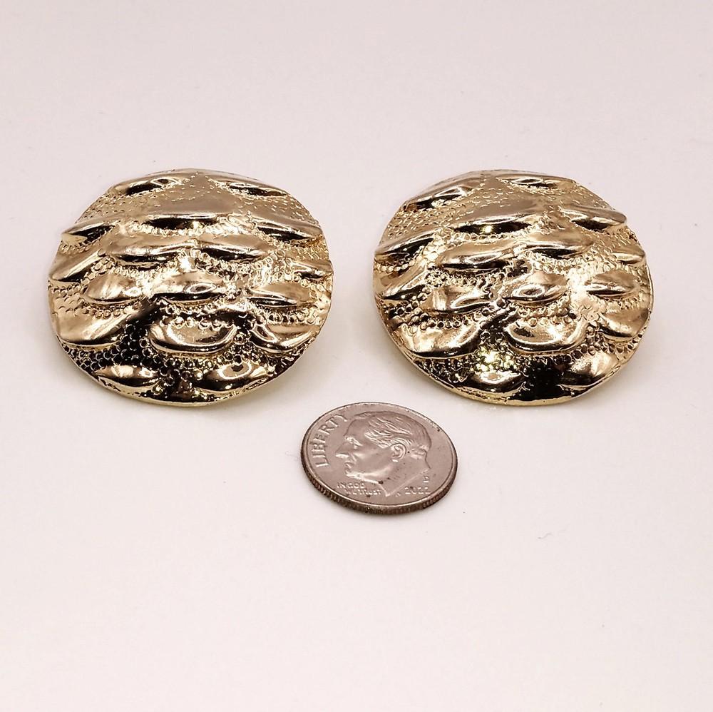 Vintage Large Textured Gold Tone Metal Pierced Earrings