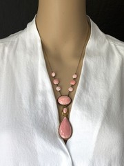 Antique Vintage 1930s Signed CZECH Art Deco Pink Peking Glass & Brass Necklace