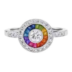 Art Deco Style Lab Created Rainbow Sapphire Diamond Ring 14K White Gold Finish