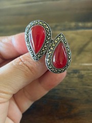 Marcasite Sterlling Silver Chunky Double Stone Garnet Ring Size 8