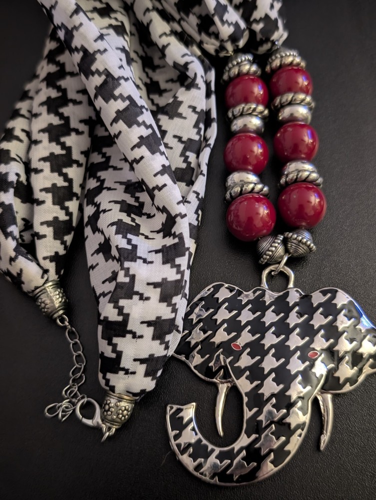 Vintage Houndstooth Scarf Necklace – Chunky Red Beads & Enamel Elephant Pendant
