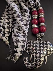 Vintage Houndstooth Scarf Necklace – Chunky Red Beads & Enamel Elephant Pendant